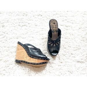 Jessica Simpson Kayla Platform Wedge Sandals Open Toe Black Leather 9.5 Slip On